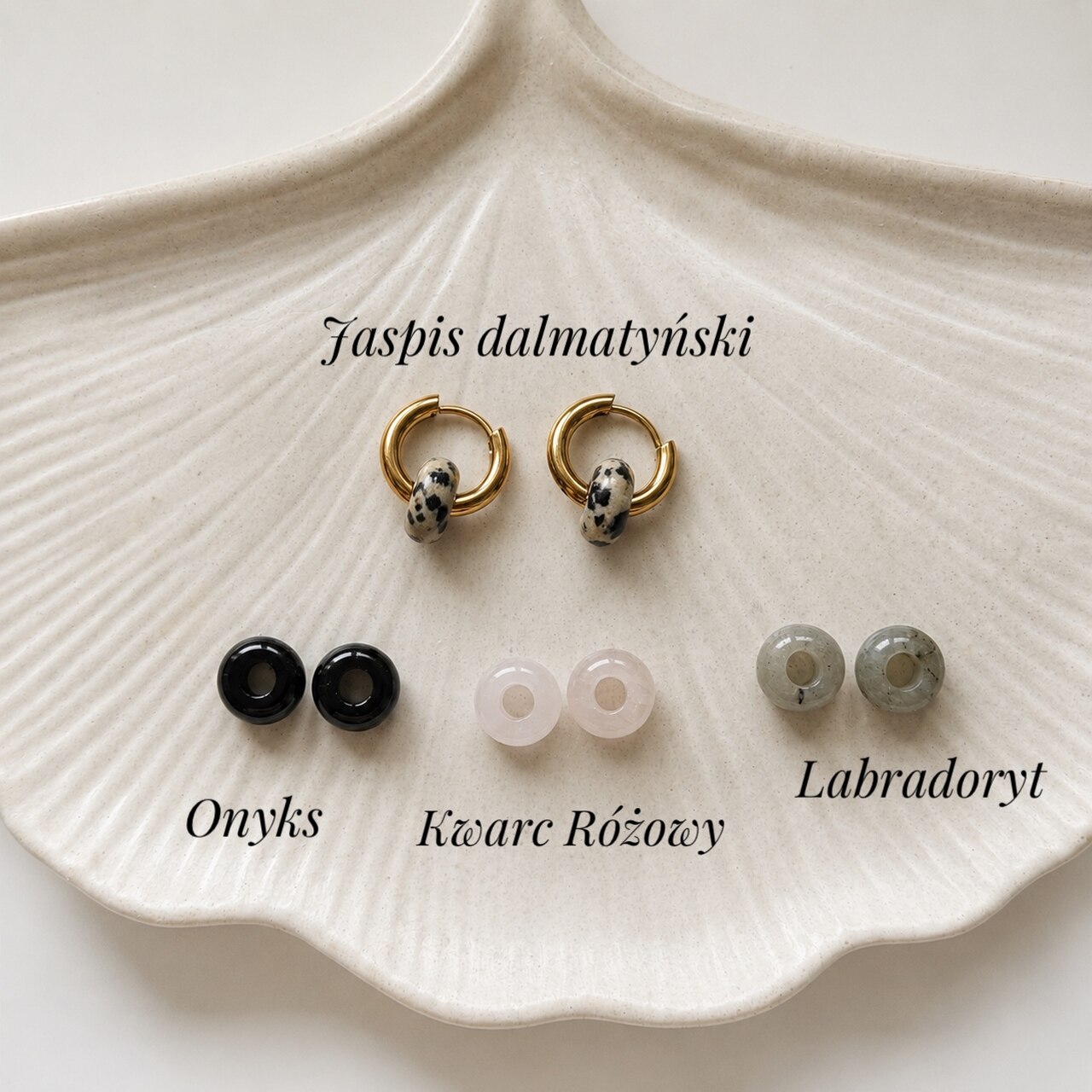 kolczyki z kamieniami naturalnymi labradoryt jaspis dalmatynski onyks kwarc rozowy